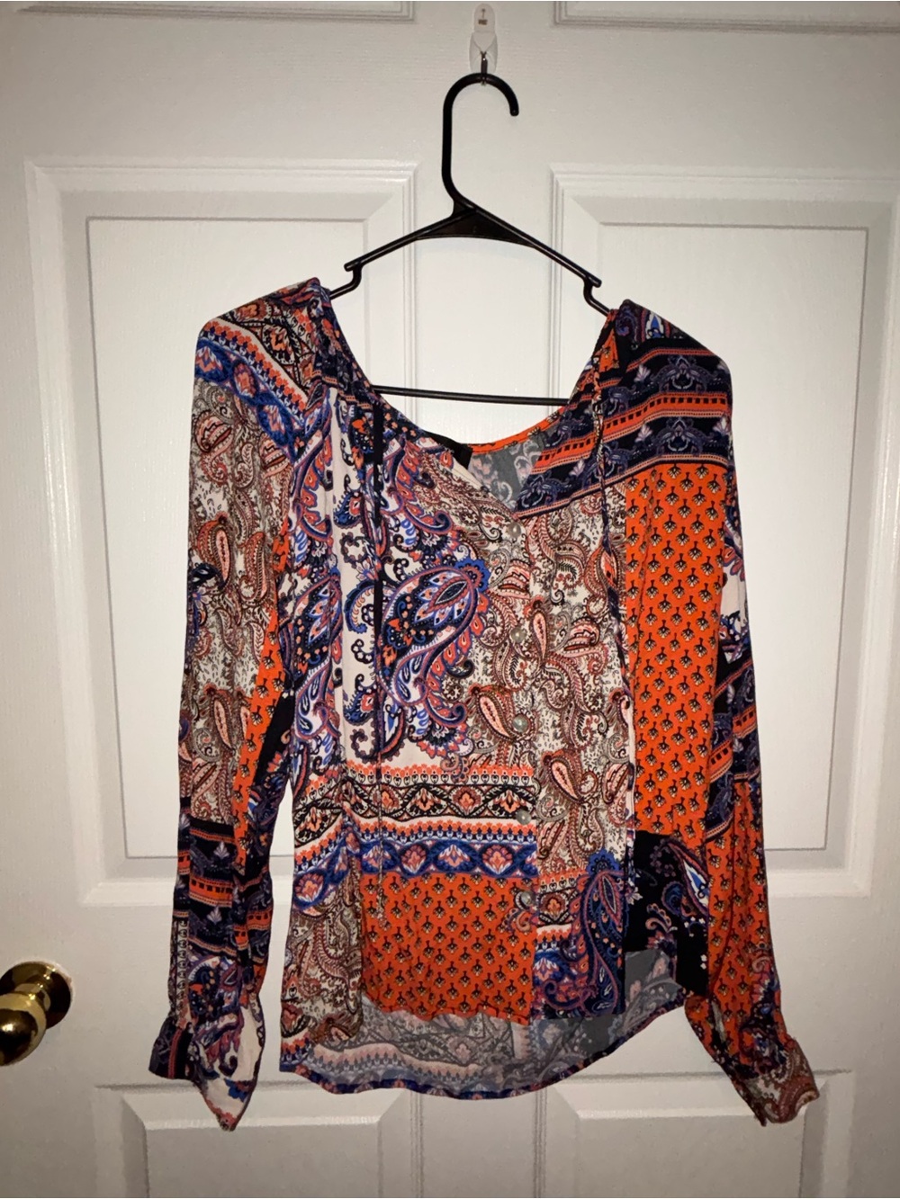 Karen Kane Orange Multi Paisley Patchwork Long Sleeve Blouse